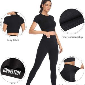 JOLLMONO 2 Piece Short Sleeve Outfits for Women Seamless Crop Tops Set for Women